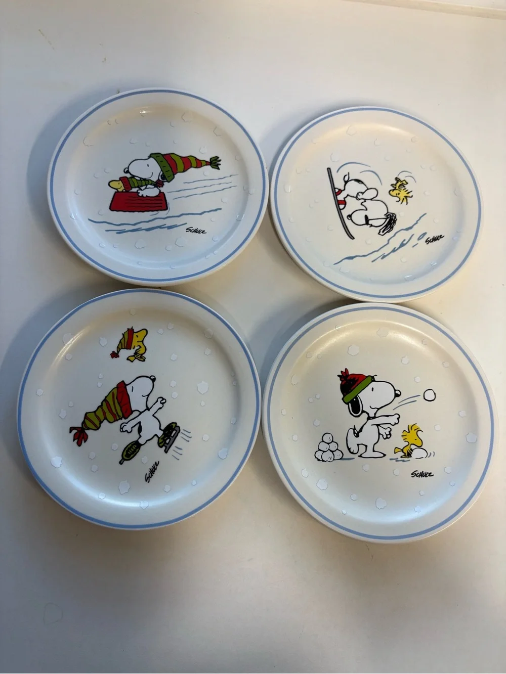 Peanuts Snoopy Winter Side Plates - White with Blue Trim (Set of 4) 6.5”